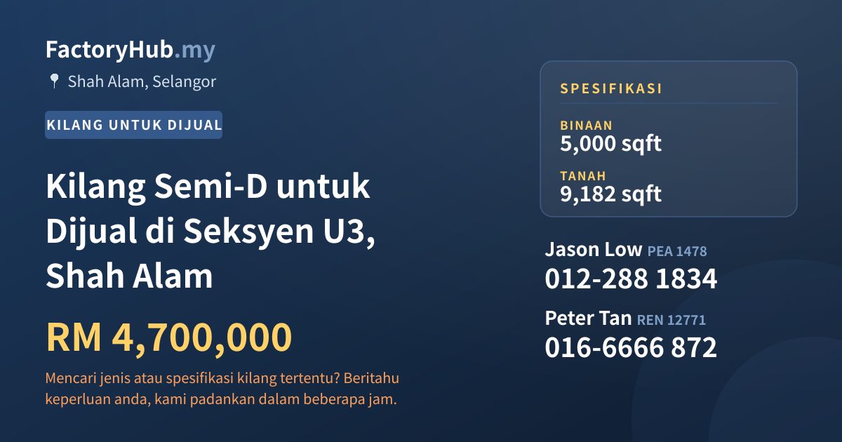 Kilang Untuk Dijual - Kilang Semi-D untuk Dijual di Seksyen U3, Shah Alam - Shah Alam, Selangor