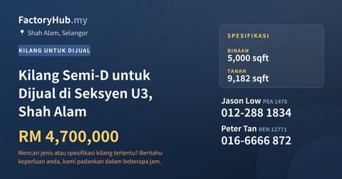 Kilang Untuk Dijual - Kilang Semi-D untuk Dijual di Seksyen U3, Shah Alam - Shah Alam, Selangor