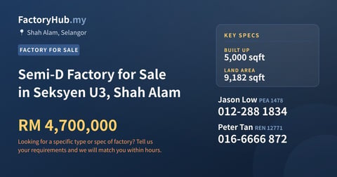 Factory For Sale - Semi-D Factory for Sale in Seksyen U3, Shah Alam - Shah Alam, Selangor