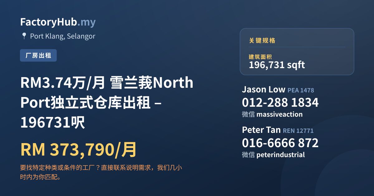 工厂 出租 - RM3.74万/月 雪兰莪North Port独立式仓库出租 – 196731呎 - Port Klang, Selangor
