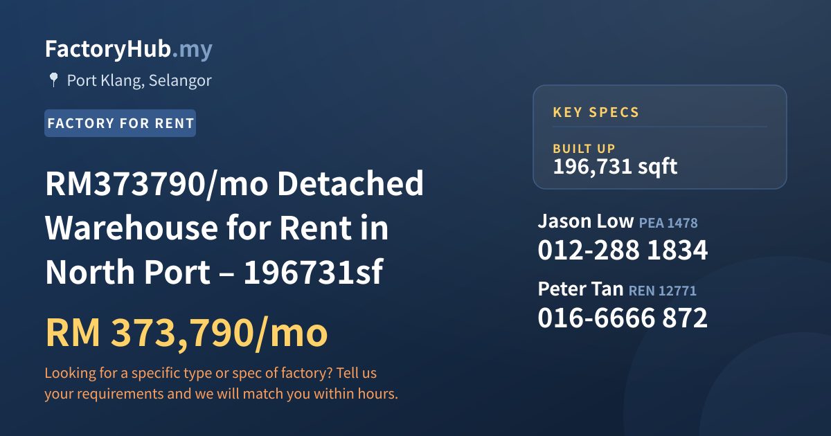 Factory For Rent - RM373790/mo Detached Warehouse for Rent in North Port – 196731sf - Port Klang, Selangor