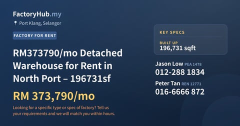 Factory For Rent - RM373790/mo Detached Warehouse for Rent in North Port – 196731sf - Port Klang, Selangor