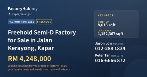 Factory For Sale - Freehold Semi-D Factory for Sale in Jalan Kerayong, Kapar - Kapar, Selangor