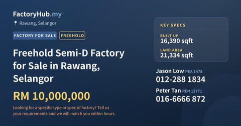 Factory For Sale - Freehold Semi-D Factory for Sale in Rawang, Selangor - Rawang, Selangor