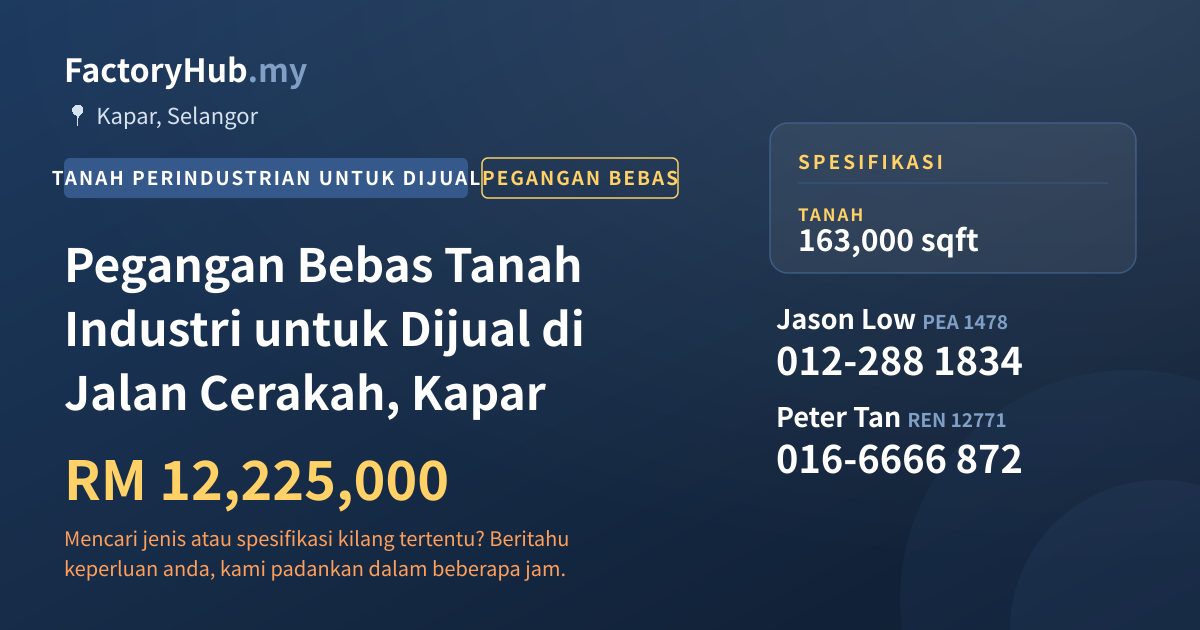 Tanah Untuk Dijual - Pegangan Bebas Tanah Industri untuk Dijual di Jalan Cerakah, Kapar - Kapar, Selangor