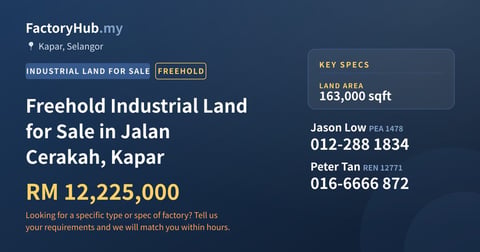 Land For Sale - Freehold Industrial Land for Sale in Jalan Cerakah, Kapar - Kapar, Selangor