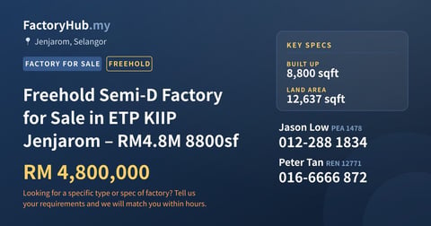 Factory For Sale - Freehold Semi-D Factory for Sale in ETP KIIP Jenjarom – RM4.8M 8800sf - Jenjarom, Selangor