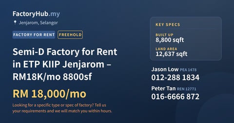 Factory For Rent - Semi-D Factory for Rent in ETP KIIP Jenjarom – RM18K/mo 8800sf - Jenjarom, Selangor