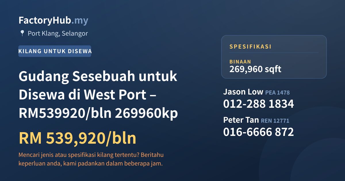 Kilang Untuk Disewa - Gudang Sesebuah untuk Disewa di West Port – RM539920/bln 269960kp - Port Klang, Selangor