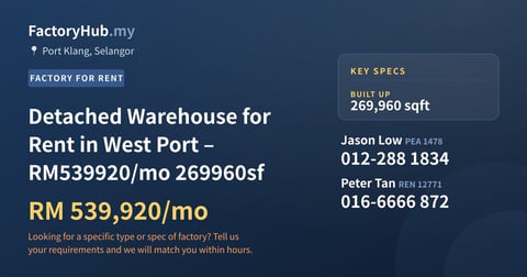 Factory For Rent - Detached Warehouse for Rent in West Port – RM539920/mo 269960sf - Port Klang, Selangor