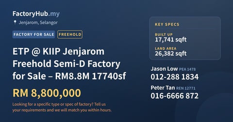 Factory For Sale - ETP @ KIIP Jenjarom Freehold Semi-D Factory for Sale – RM8.8M 17740sf - Jenjarom, Selangor