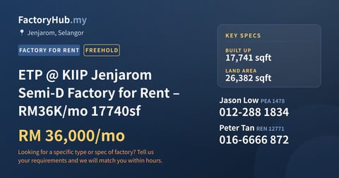 Factory For Rent - ETP @ KIIP Jenjarom Semi-D Factory for Rent – RM36K/mo 17740sf - Jenjarom, Selangor