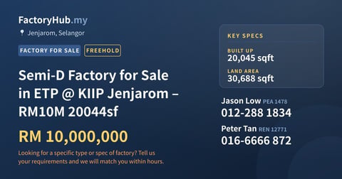 Factory For Sale - Semi-D Factory for Sale in ETP @ KIIP Jenjarom – RM10M 20044sf - Jenjarom, Selangor