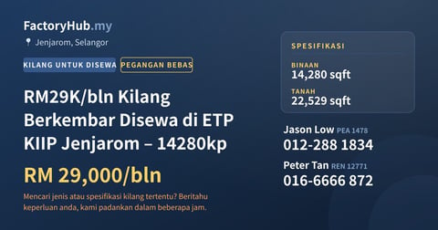 Kilang Untuk Disewa - RM29K/bln Kilang Berkembar Disewa di ETP KIIP Jenjarom – 14280kp - Jenjarom, Selangor