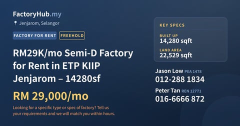 Factory For Rent - RM29K/mo Semi-D Factory for Rent in ETP KIIP Jenjarom – 14280sf - Jenjarom, Selangor