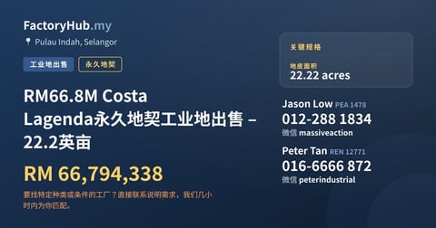 土地 出售 - RM66.8M Costa Lagenda永久地契工业地出售 – 22.2英亩 - Pulau Indah, Selangor