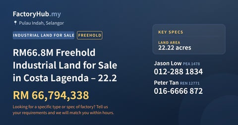 Land For Sale - RM66.8M Freehold Industrial Land for Sale in Costa Lagenda – 22.2 - Pulau Indah, Selangor