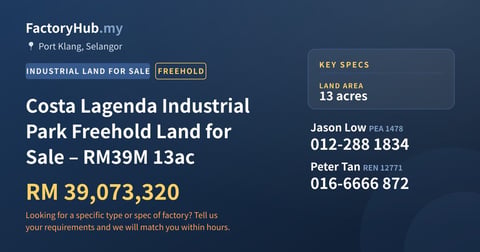 Land For Sale - Costa Lagenda Industrial Park Freehold Land for Sale – RM39M 13ac - Port Klang, Selangor