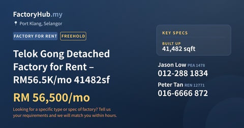 Factory For Rent - Telok Gong Detached Factory for Rent – RM56.5K/mo 41482sf - Port Klang, Selangor