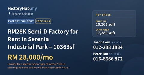 Factory For Rent - RM28K Semi-D Factory for Rent in Serenia Industrial Park – 10363sf - Sepang, Selangor