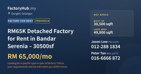 Factory For Rent - RM65K Detached Factory for Rent in Bandar Serenia – 30500sf - Dengkil, Selangor