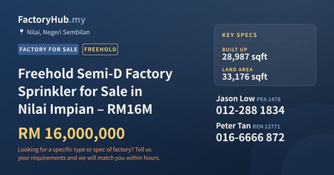 Factory For Sale - Freehold Semi-D Factory Sprinkler for Sale in Nilai Impian – RM16M - Nilai, Negeri Sembilan