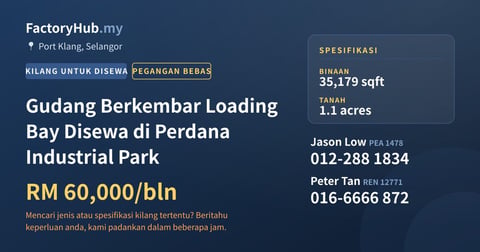Kilang Untuk Disewa - Gudang Berkembar Loading Bay Disewa di Perdana Industrial Park - Port Klang, Selangor