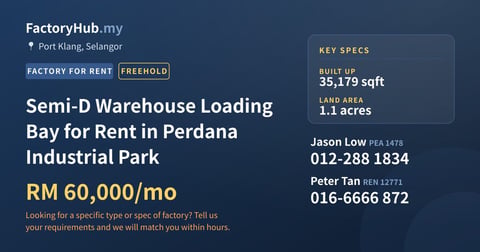 Factory For Rent - Semi-D Warehouse Loading Bay for Rent in Perdana Industrial Park - Port Klang, Selangor