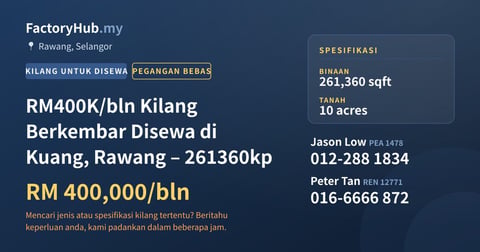 Kilang Untuk Disewa - RM400K/bln Kilang Berkembar Disewa di Kuang, Rawang – 261360kp - Rawang, Selangor
