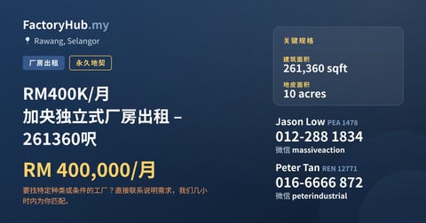 工厂 出租 - RM400K/月 加央独立式厂房出租 – 261360呎 - Rawang, Selangor