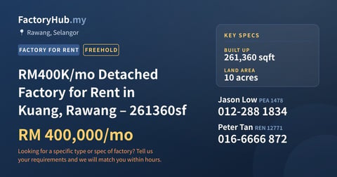 Factory For Rent - RM400K/mo Detached Factory for Rent in Kuang, Rawang – 261360sf - Rawang, Selangor