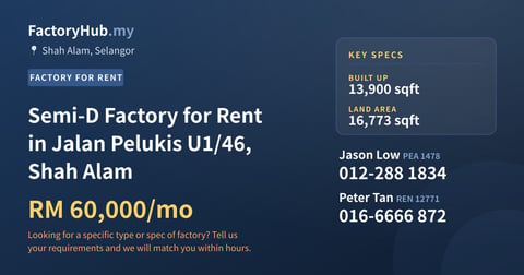Factory For Rent - Semi-D Factory for Rent in Jalan Pelukis U1/46, Shah Alam - Shah Alam, Selangor