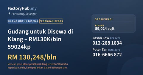 Kilang Untuk Disewa - Gudang untuk Disewa di Klang – RM130K/bln 59024kp - Port Klang, Selangor