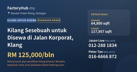 Kilang Untuk Disewa - Kilang Sesebuah untuk Disewa di Jalan Korporat, Klang - Bandar Puteri Klang, Selangor