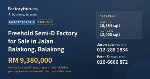 Factory For Sale - Freehold Semi-D Factory for Sale in Jalan Balakong, Balakong - Balakong, Selangor