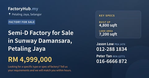 Factory For Sale - Semi-D Factory for Sale in Sunway Damansara, Petaling Jaya - Petaling Jaya, Selangor
