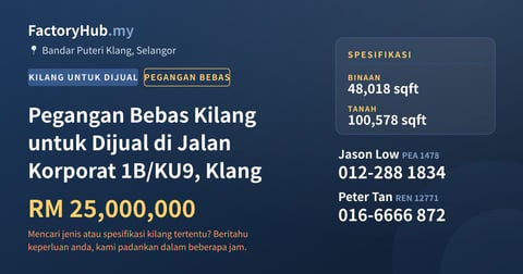 Kilang Untuk Dijual - Pegangan Bebas Kilang untuk Dijual di Jalan Korporat 1B/KU9, Klang - Bandar Puteri Klang, Selangor