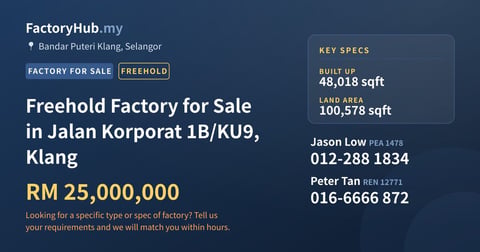 Factory For Sale - Freehold Factory for Sale in Jalan Korporat 1B/KU9, Klang - Bandar Puteri Klang, Selangor