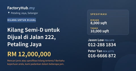 Kilang Untuk Dijual - Kilang Semi-D untuk Dijual di Jalan 222, Petaling Jaya - Petaling Jaya, Selangor
