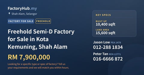Factory For Sale - Freehold Semi-D Factory for Sale in Kota Kemuning, Shah Alam - Shah Alam, Selangor