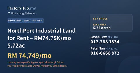 Land For Rent - NorthPort Industrial Land for Rent – RM74.75K/mo 5.72ac - Port Klang, Selangor