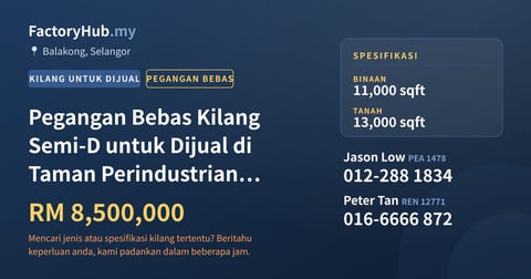 Kilang Untuk Dijual - Pegangan Bebas Kilang Semi-D untuk Dijual di Taman Perindustrian Balakong, Balakong - Balakong, Selangor