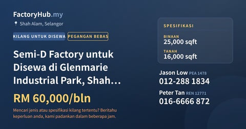 Kilang Untuk Disewa - Semi-D Factory untuk Disewa di Glenmarie Industrial Park, Shah Alam - Shah Alam, Selangor