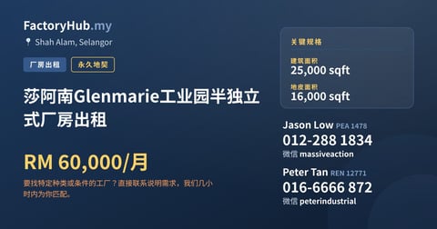 工厂 出租 - 莎阿南Glenmarie工业园半独立式厂房出租 - Shah Alam, Selangor