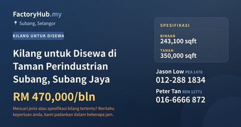 Kilang Untuk Disewa - Kilang untuk Disewa di Taman Perindustrian Subang, Subang Jaya - Subang, Selangor