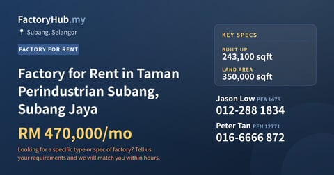 Factory For Rent - Factory for Rent in Taman Perindustrian Subang, Subang Jaya - Subang, Selangor