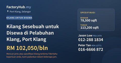 Kilang Untuk Disewa - Kilang Sesebuah untuk Disewa di Pelabuhan Klang, Port Klang - Port Klang, Selangor