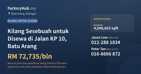 Kilang Untuk Disewa - Kilang Sesebuah untuk Disewa di Jalan KP 10, Batu Arang - Batu Arang, Selangor