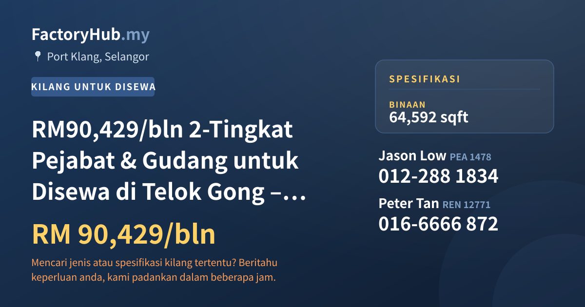Kilang Untuk Disewa - RM90,429/bln 2-Tingkat Pejabat & Gudang untuk Disewa di Telok Gong – 64592kp - Port Klang, Selangor
