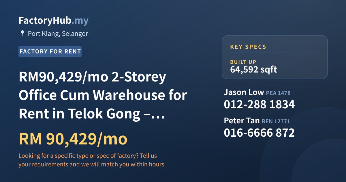 Factory For Rent - RM90,429/mo 2-Storey Office Cum Warehouse for Rent in Telok Gong – 64592sf - Port Klang, Selangor